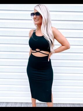 Black Ribbed Cutout Tank Midi Dress